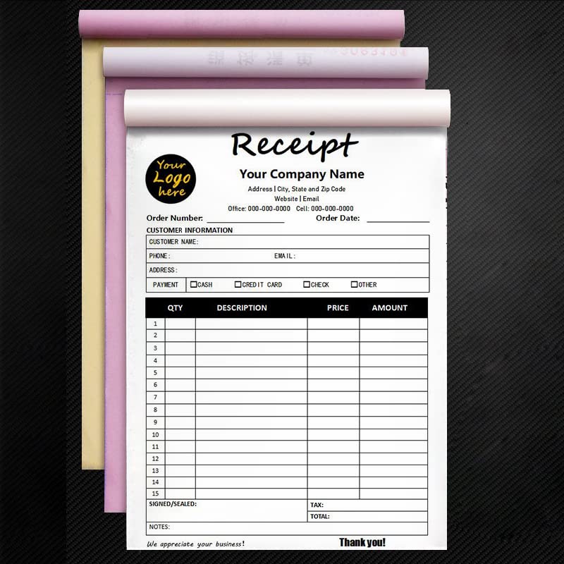 Custom Carbonless Sales Rechnungsformular Bücher für kleine Unternehmen, personalisiertes NCR 2-teiliges Quittungsbuch mit Carbon-Kopien, Cover hinzufügen Firmenname, Adresse und Nummer gedruckt