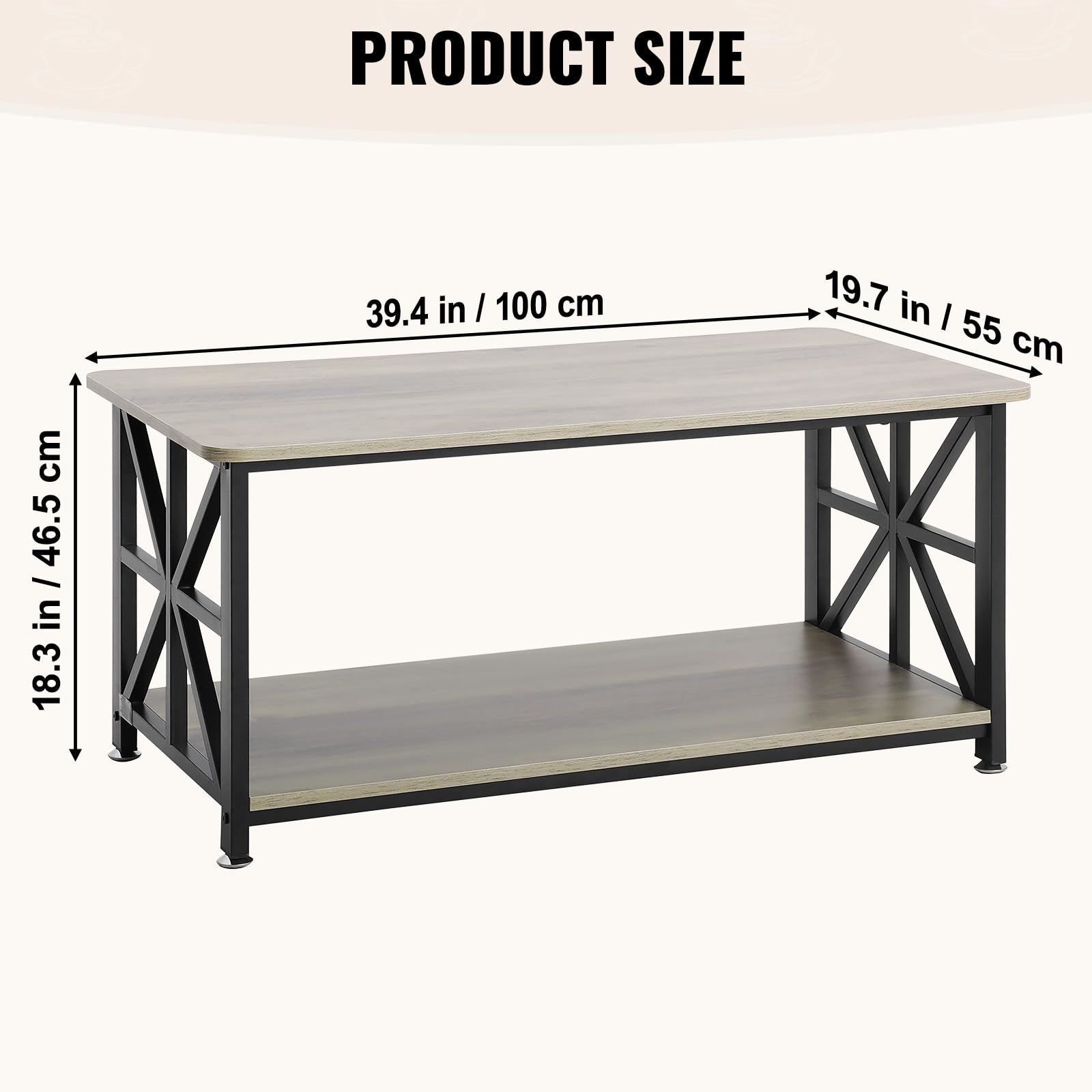 VEVOR Mesa de Centro Rústica de 1000 x 500 x 465 mm, Mesa de Centro Rectangular con Compartimento de Almacenamiento Abierto Mesa de Madera para Sala de Estar, Apartamento, Dormitorio, Marrón y Negro