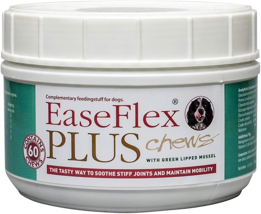 EaseFlex PLUS tasty soft chews for stiff and older dogs. Glucosamine, chondroitin and green lipped mussel - tub of 60 chews