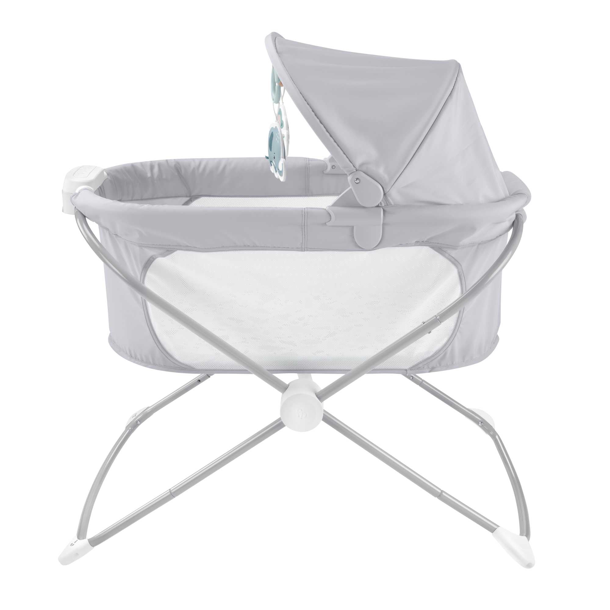 Fisher-Price Składane łóżeczko „Spokojne sny” z projekcją i daszkiem oraz pastelowym wzorem kamienistej plaży, przenośne łóżeczko z projekcją świetlną dla noworodków i niemowląt, GWD36