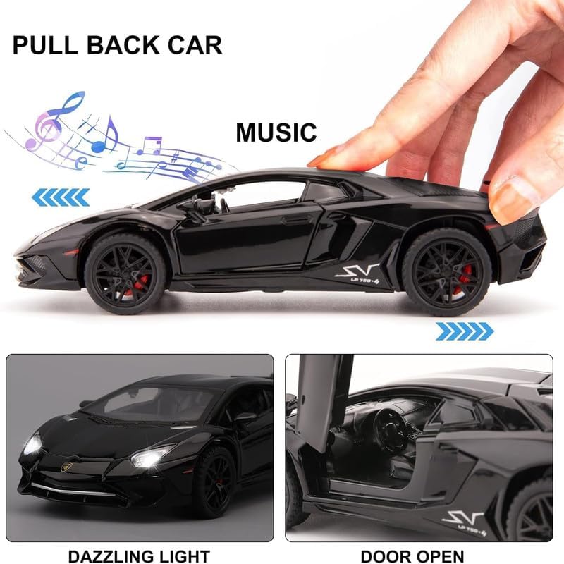 Image of Kids Model 1:32 LP750 Die Cast Metal Car Pull Back Action Opening Doors with Realistic Engine Sound Lights Toy Car Gift for Boys - Black