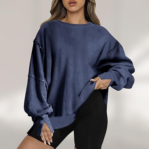Miniatura 4 de Womens Oversized Casual Slit Y2K Pullover Top Crewneck Long Sleeve Corded Sweatshirts Fall Outfits 2023 Winter Clothes