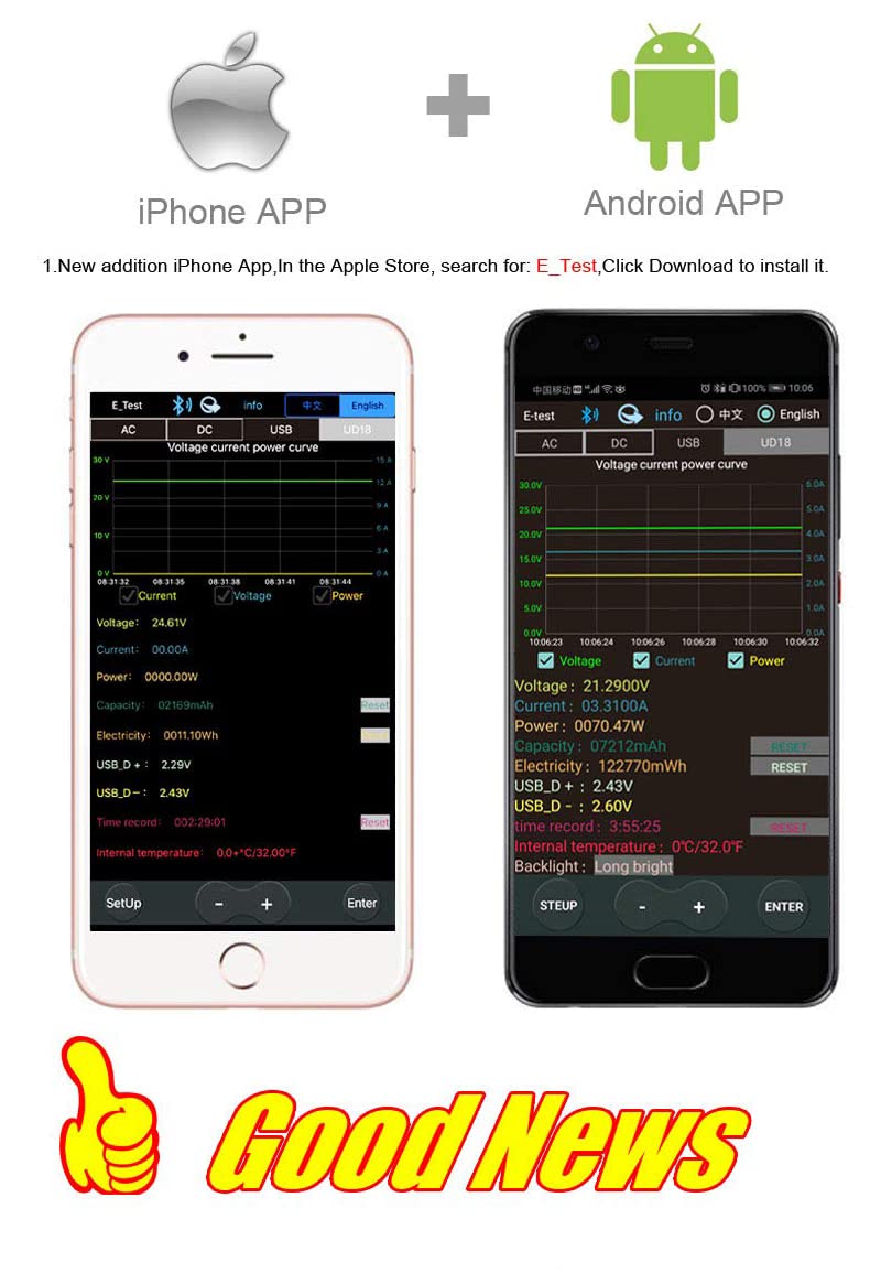 Comparison of iPhone and Android app interfaces for the USB tester