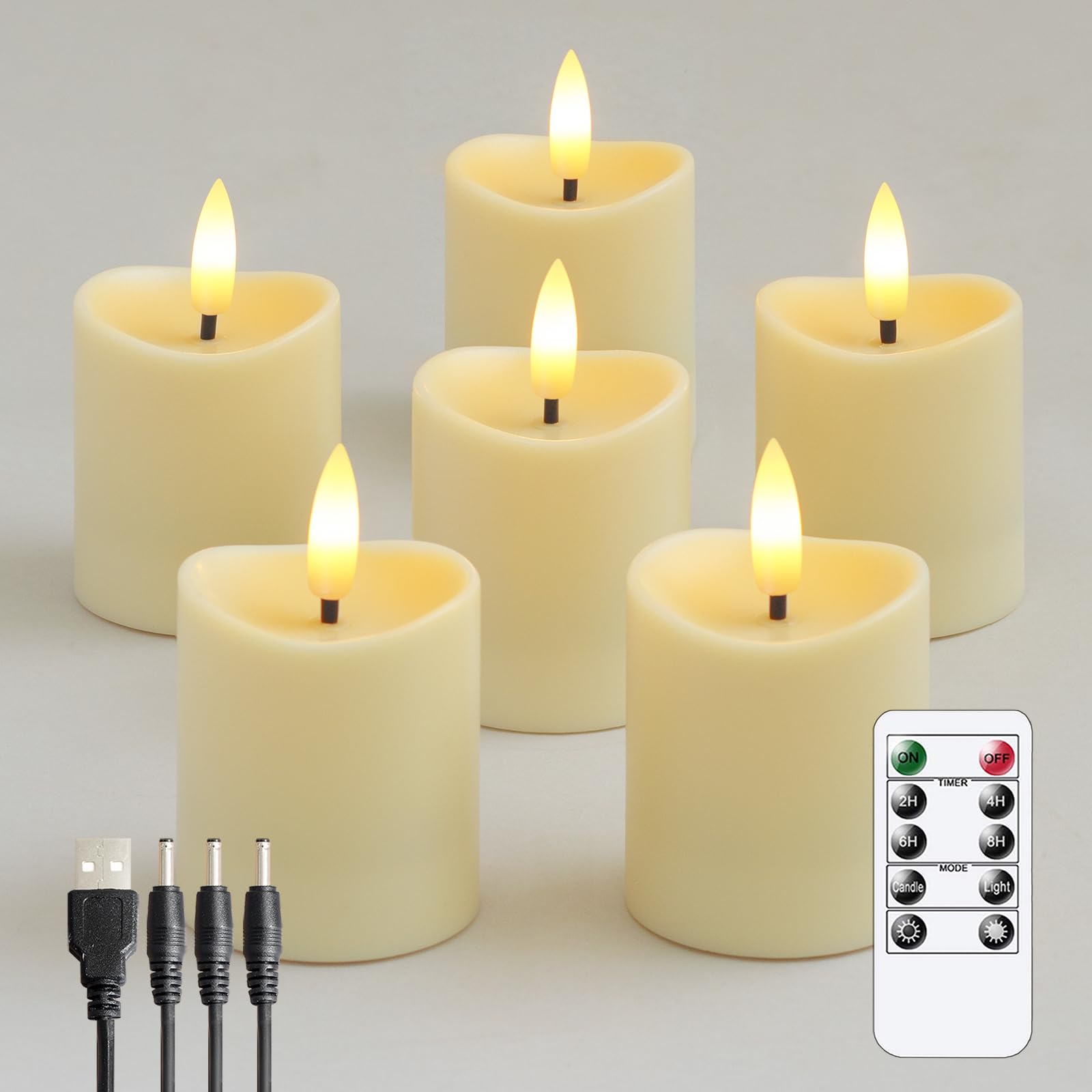 Zevanor Rechargeable Flameless Remote 5cm x6cm Tea Light LED Candles, Flickering Fake Plastic Ivory Timer Pack of 6 Small Mini Votive Tealight Candles with Charging Cable