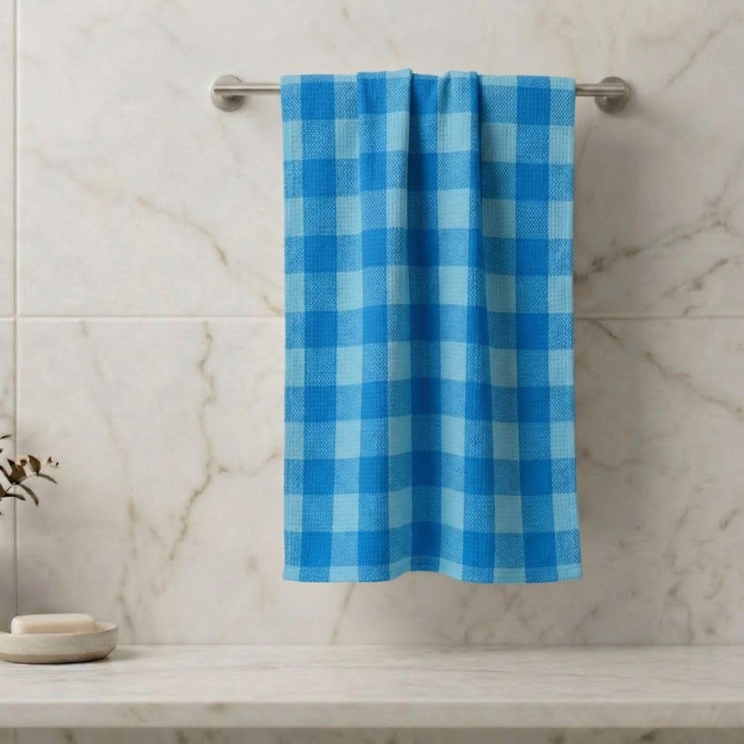 Athom Living Premium Cotton Bath Towel β Lightweight, Quick-Dry & Highly Absorbent, Soft Blue Check Design, Comfortable Everyday Use, Durable & Stylish | 75x150 cm, Pack of 1