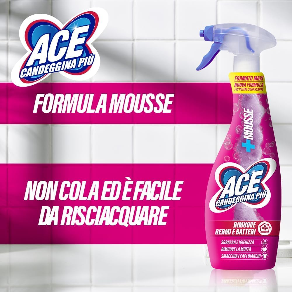 10x ACE Candeggina +Mousse, sgrassa le superfici della casa e le macchie più ostinate del bucato,Flacone Spray da 700ml + Portachiavi Beni Culinari in Omaggio