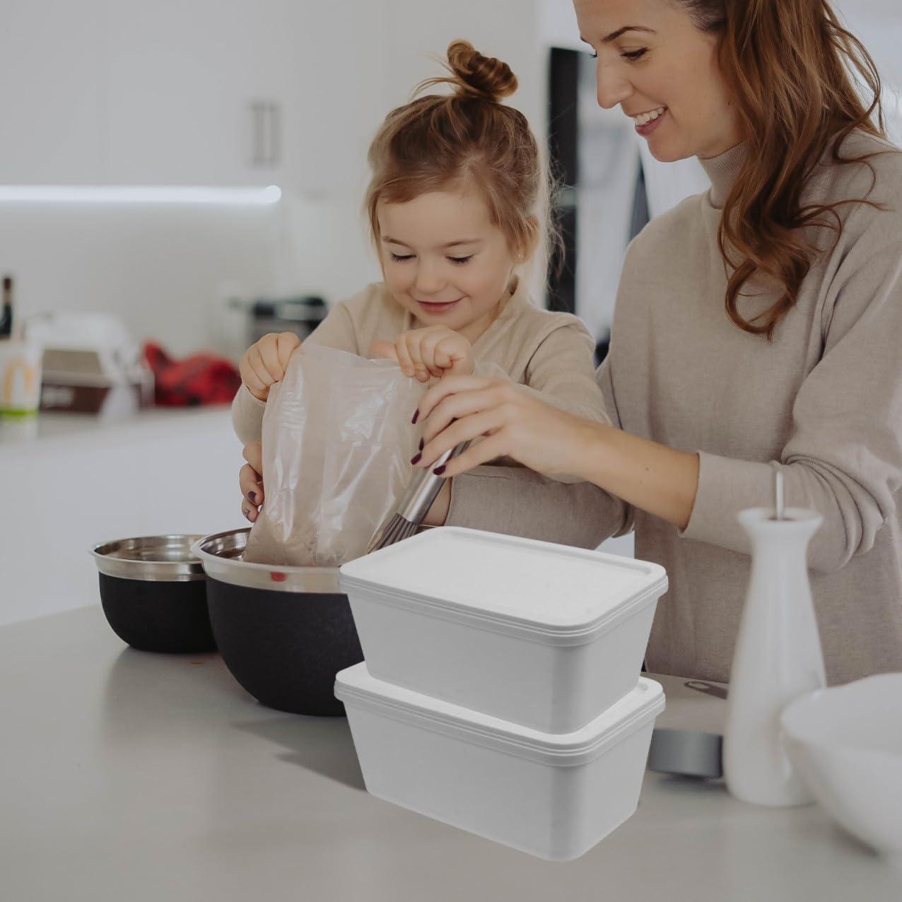 SECFOU Set da 2 Contenitori per Gelato in Plastica Bianca da 3 Litri, per Conservare e Preparare Gelato a Casa Chiusura Ermetica e Design Rettangolare