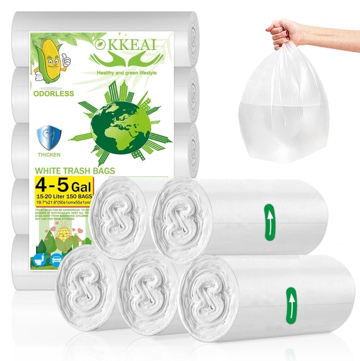 OKKEAI 4-5 Gallon Trash Bags Small Garbage Bags Bathroom Trash Can Bags150 Counts Wastebasket Liners for Office Kitchen,White,Fits 15-20 Liter Bins