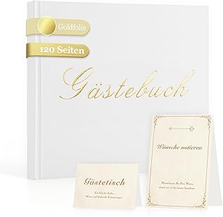 Gästebuch Hochzeit Weißes Hardcover 7.9 x 7.9 in, Goldfolie, 120 Seiten Blanko, mit Tischschild & Willkommenskarte, für Hochzeit, Geburtstag, Taufe, Jubiläum, Party