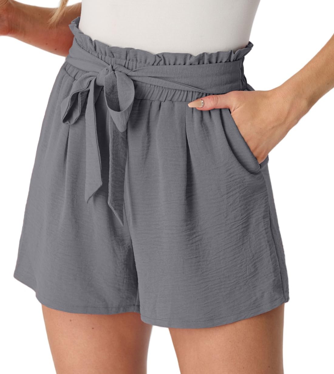 PrinStory Leicht Damen Shorts Gürtel Breites Bein Kurze Hose Mit Taschen High Waist Sommershorts