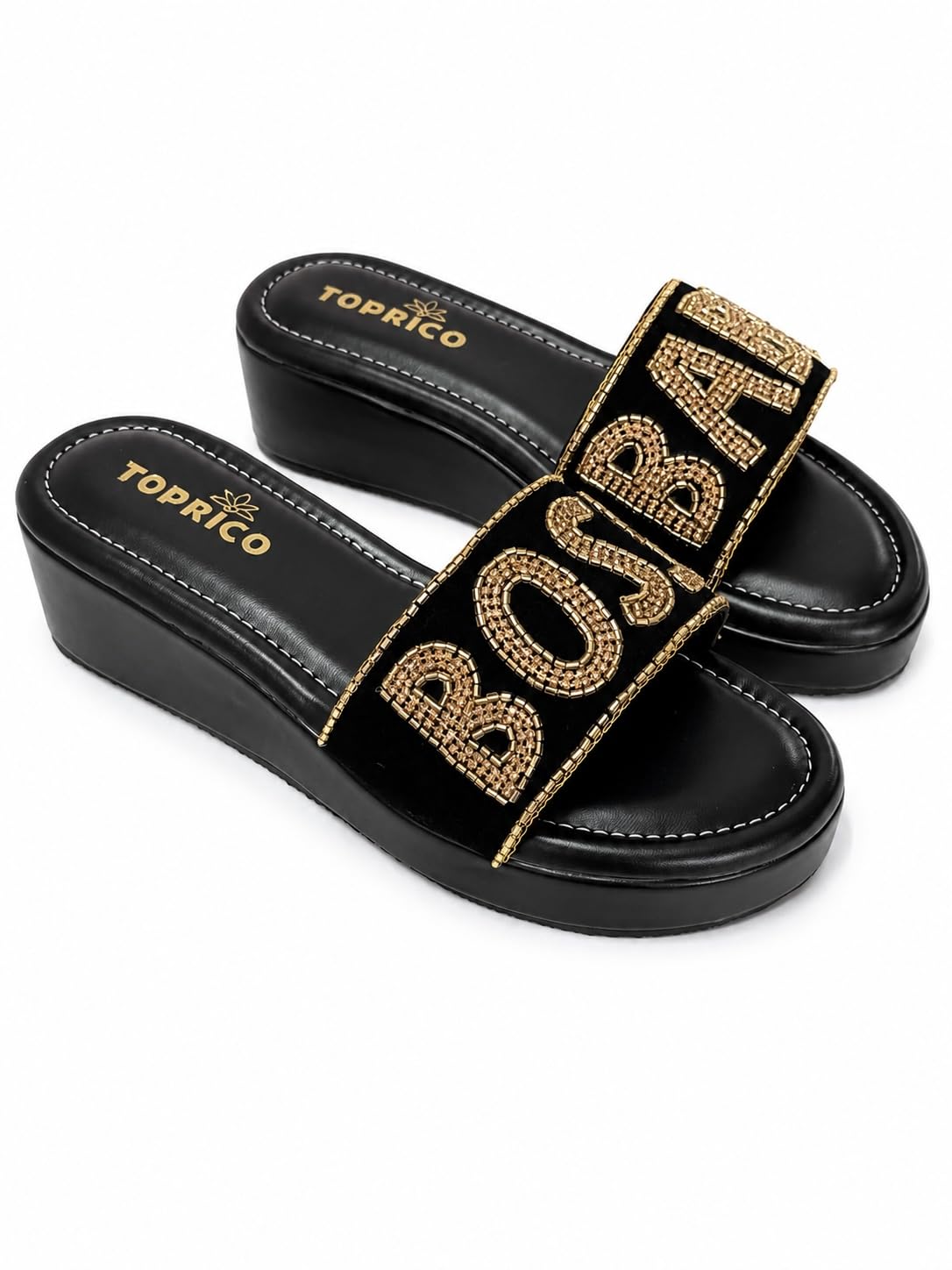 Women Black Embroidered Wedge Platform Heels Sandals Cushion soft | 208-image-33