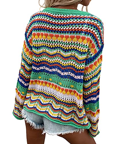 Image of xxxiticat Women's Rainbow Knitted Cardigan Sweater Long Sleeve Multicolor Striped Sweater Jumpers Open Front Jacket