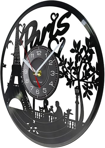 Miniatura 2 de Reloj de pared de 12 pulgadas, diseño de torre Eiffel de París, diseño de paisaje de Francia, disco de vinilo, reloj de pared para decoración de