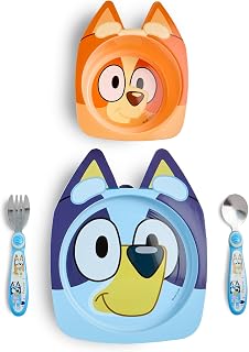 The First Years Bluey Toddler Dinnerware Set: Suction Plate, Bingo Bowl, Stainless Steel Fork & Spoon - 4pc Baby Feeding Kit