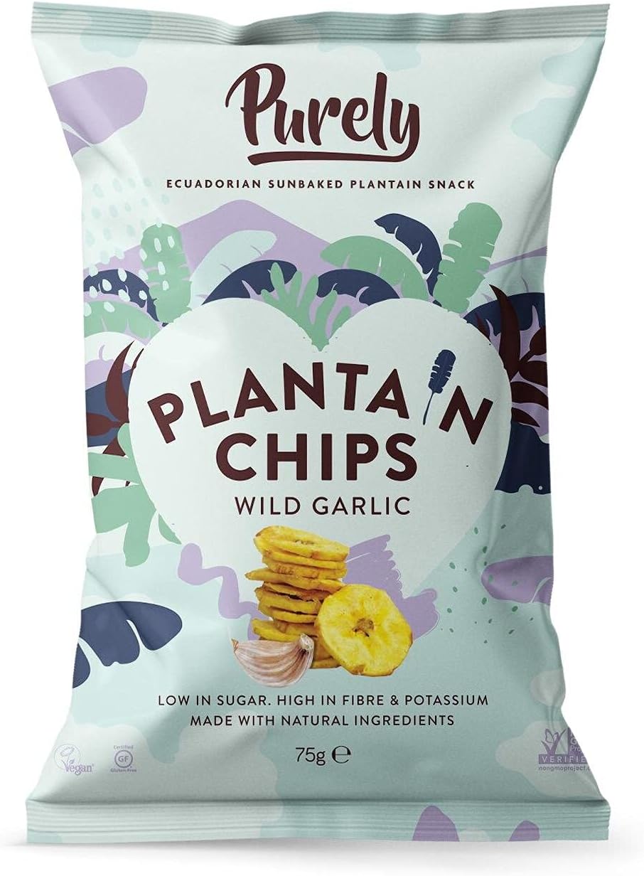 Plantain Chips - Low Fat Plantain Crisps - Gluten Free Snacks - Healthy Alternative Snack Multipack - Vegan, Nutritious & All Natural - Wild Garlic - 75g x 10 Pack