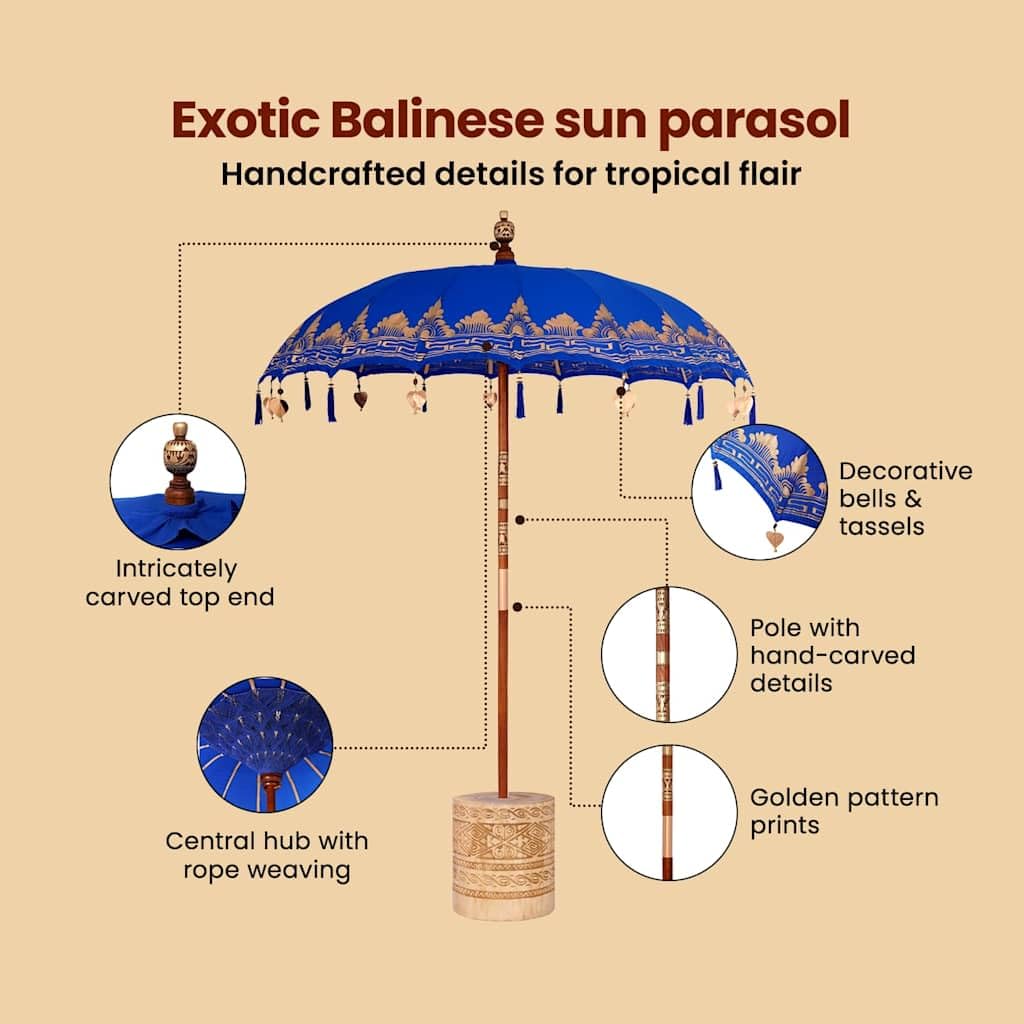 vidaXL Baliński Parasol z Bazą Niebieski 215 x 215 x 260 cm, Okrągły balijski parasol do ogrodu i na taras, cień na zewnątrz, dekoracja patio, tropikalna osłona