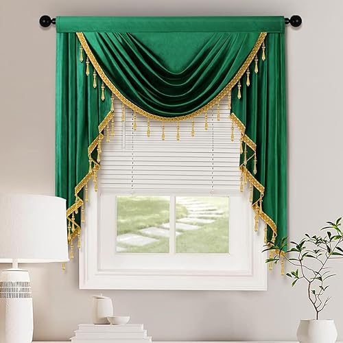 Miniatura 2 de ELKCA Cenefas de cortina de terciopelo verde oscuro de lujo para sala de estar con cuentas (39 pulgadas, 1 panel)