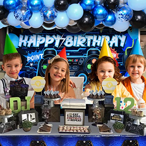 Winrayk 91Pcs Video Game Birthday Party Decorations For Boys Kids Blue Game Balloon Garland Arch Kit With Birthday Backdrop Game On Tablecloth Star Gamepad Foil Balloon Gamer Party Supplies Decor #TOP6