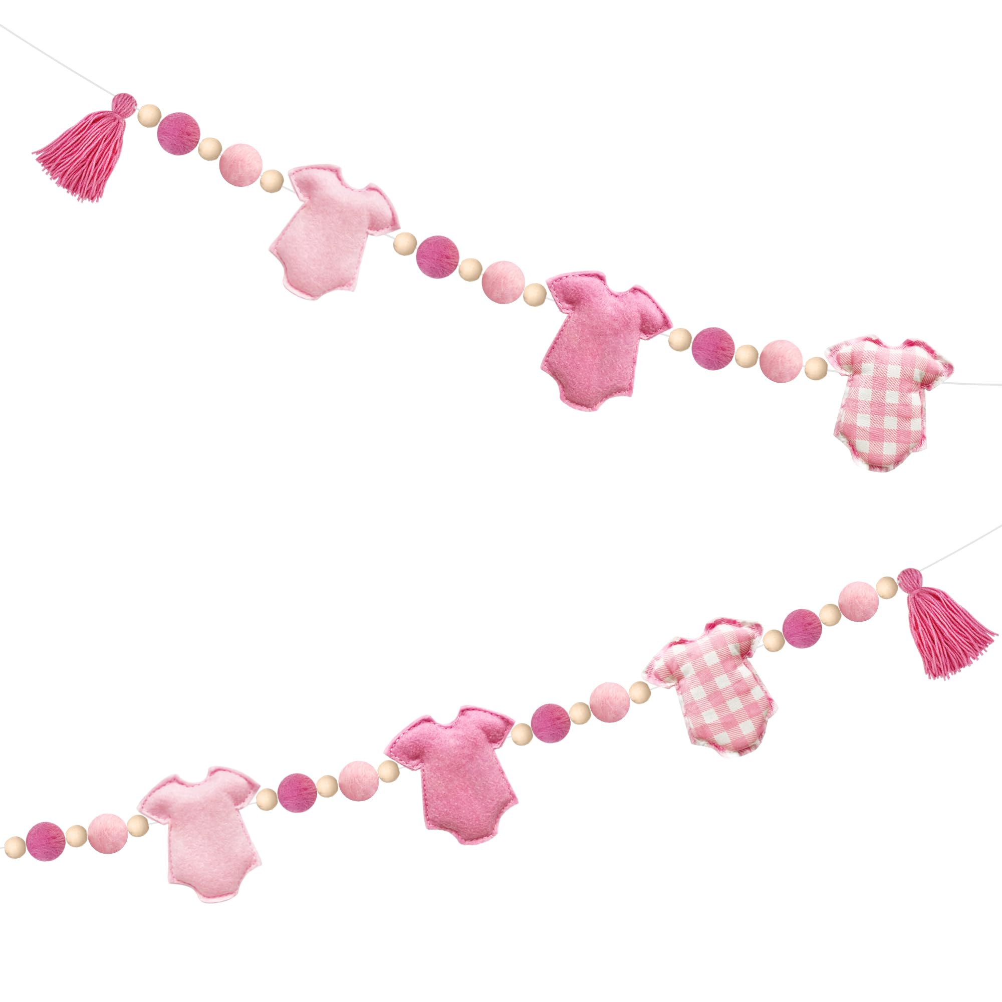 Rosa karierte Babykleidung, Dekorationen, vorbespannt, handgefertigte Filz-Babykleidung, Wollfilzkugel, Holzperle, Banner, Girlande für Mädchen, süßes Baby, Mädchen, Babyparty, Party, Kinderzimmer