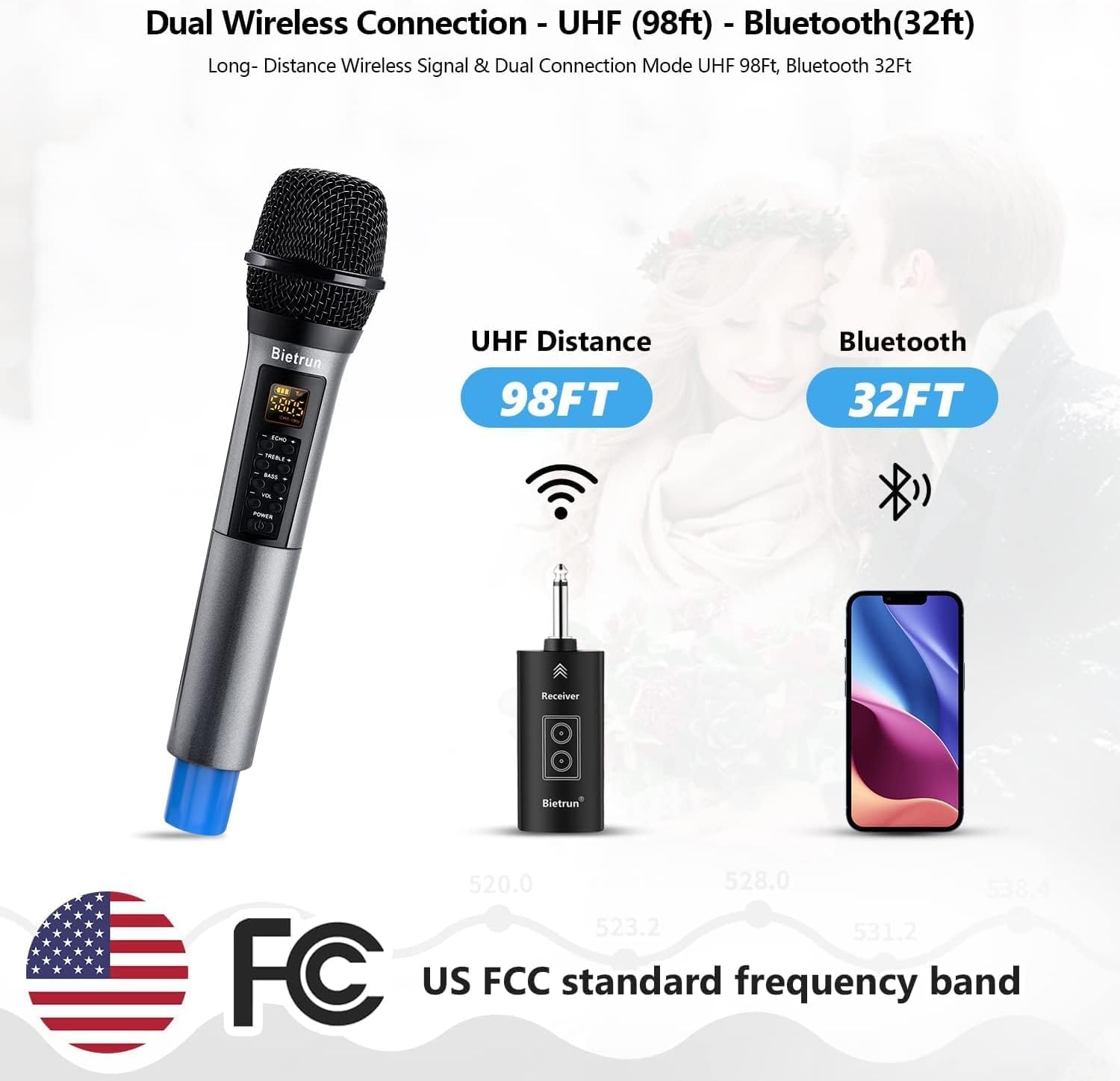 Bietrun Kabellose Mikrofone mit Echo, Höhen, Bass und Bluetooth, 49 m Reichweite, tragbares UHF-Handheld-Karaoke-Dynamic-Mikrofonsystem mit wiederaufladbarem Empfänger für Karaoke, Gesang, Verstärker