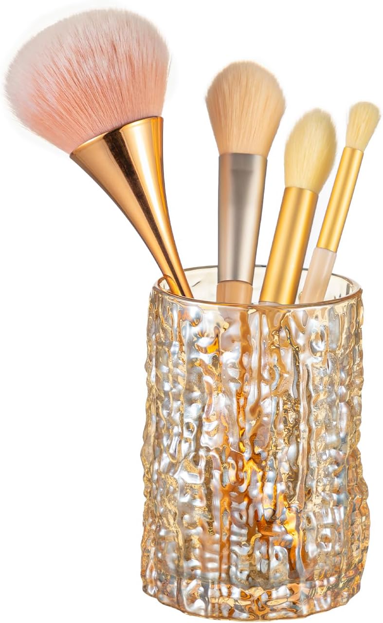 DASITON Glass Makeup Brush Holder Organizer, Multifunctional Cosmetic Storage Cup, Vintage Makeup Organizer for Vanity, Bathroom Countertop Toothbrush Holder, Desk Pen Pencil Holder (Amber)