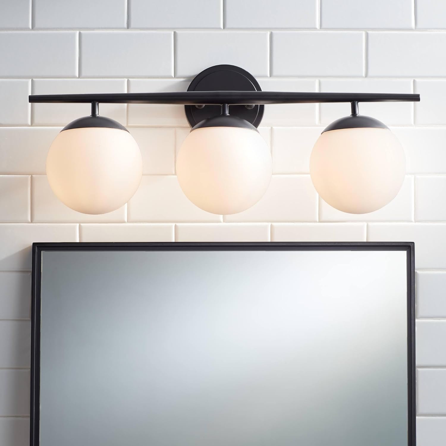 Possini Euro Design Meridian Modern Vintage Glam Wall Light Black Hardwire 24" 3-Light Fixture Opal Glass Globe Shade for Bedroom Bathroom Bedside Vanity House Living Room Home Hallway Dining