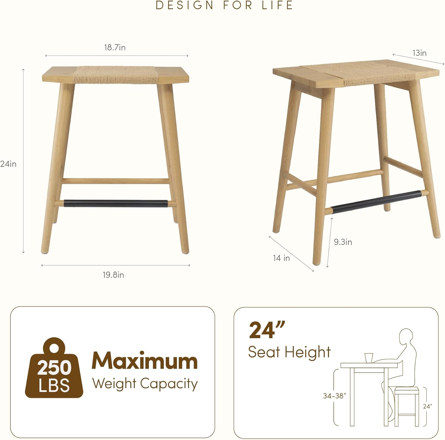 Thor Wicker Premium Solid Wood Counter Stool 24", Backless Counter Height Seating with Hand-Knitted Rope, Eco-Friendly Modern Design (Light Oak)