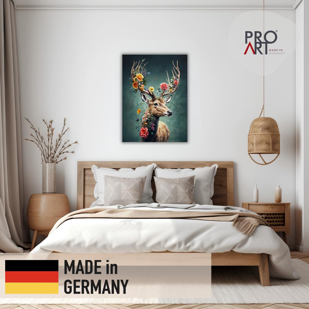 Pro-Art Leinwand Bilder Hirsch mit Blumen Groß 60x80 cm Bild Wohnzimmer Bild modern Deko Wandbilder Schlafzimmer Tiere