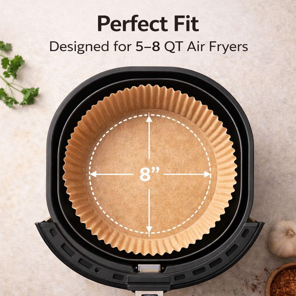 Air Fryer Liners 250 PCS, Disposable Parchment Paper Liners 8 Inch, Unbleached Baking Sheets for Air Fryer Basket 5–8 QT, Easy Cleanup, Oven & Baking Use (Round)