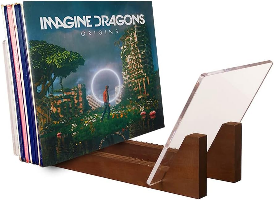 KAIU Vinyl Record Storage - Solid Wood with Crystal Clear Acrylic Holder - Premium Design, Perfect 12" LPs or 7" Singles Display Unit - Stores and Supports up to 50 Albums (Vintage Brown)