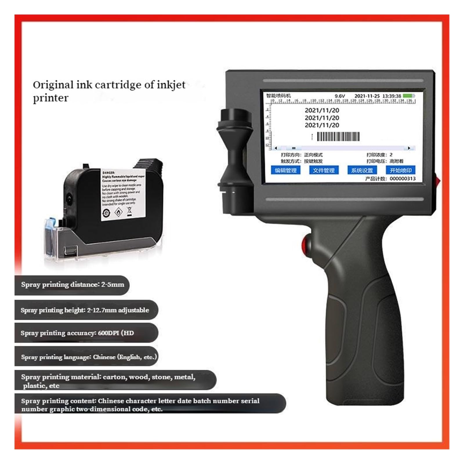 Ręczna drukarka atramentowa, Inteligentna ręczna drukarka atramentowa Mała automatyczna etykieta Opakowanie Torba Kod QR kreskowy Przenośna(1pcs)