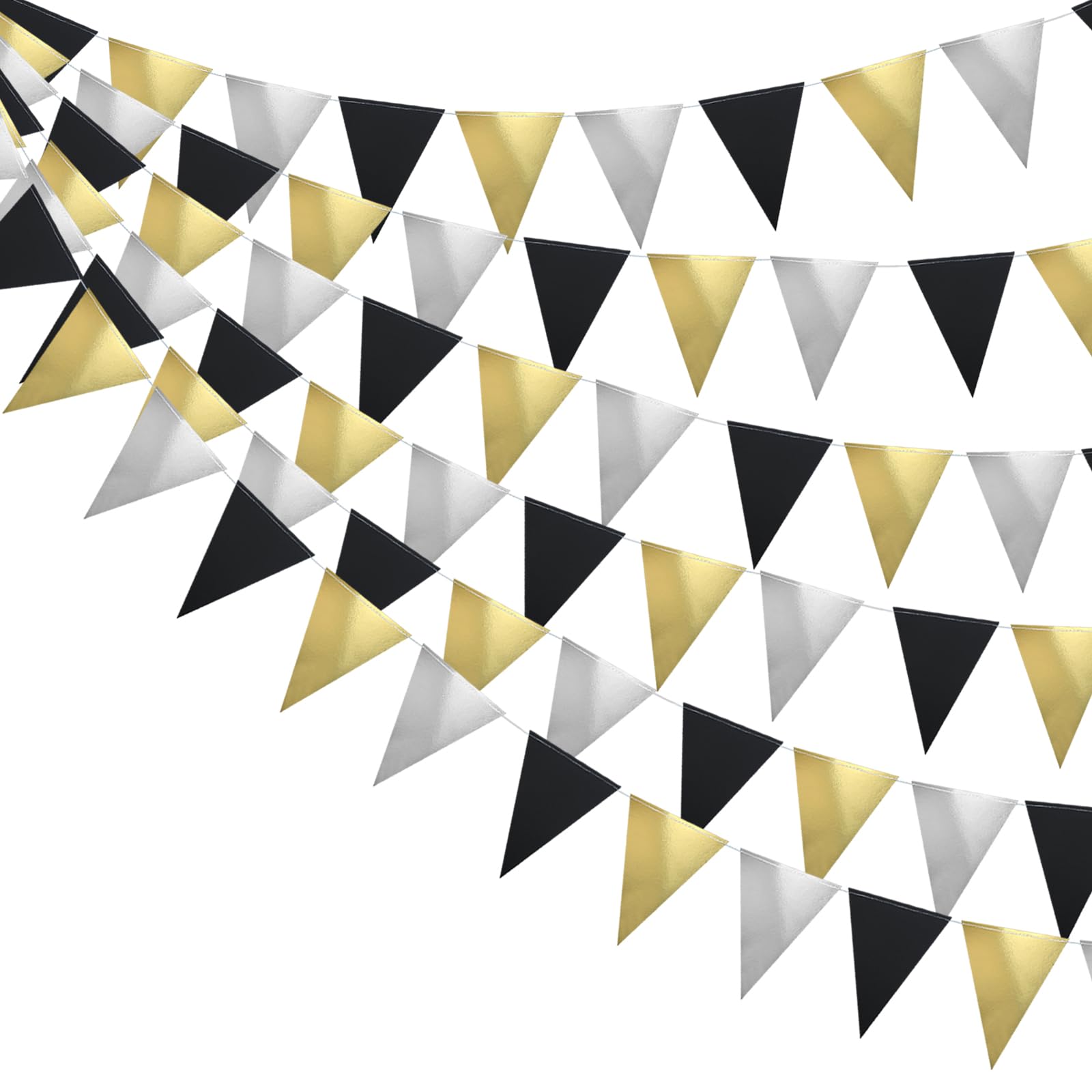 Guzon 3 Pack Black Gold Silver Party Decoration Double Sided Paper Glitter Triangle Pennant Banner Flag Bunting Garland for Hollywood Party Decorations Wedding New Year Birthday Graduation