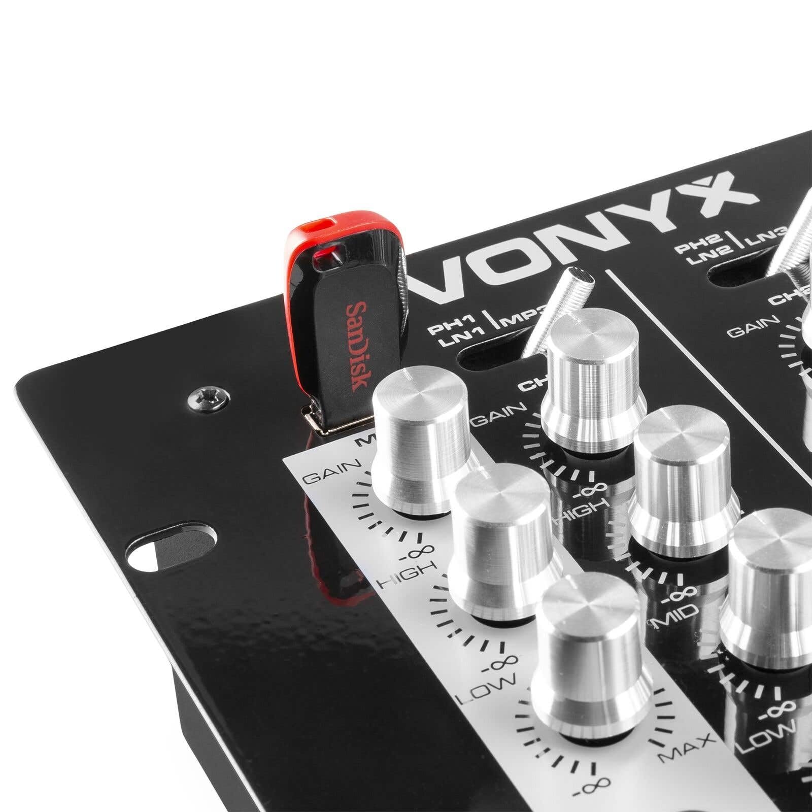 Vonyx STM-2300 Table de Mixage 2 Canaux - Entrée RCA Phono/Ligne Commutable, Sortie principale RCA et Sortie Casque, Egaliseur 3 Bandes sur les Canaux, Egaliseur 2 Bandes Mic, Idéal pour DJ Mobile