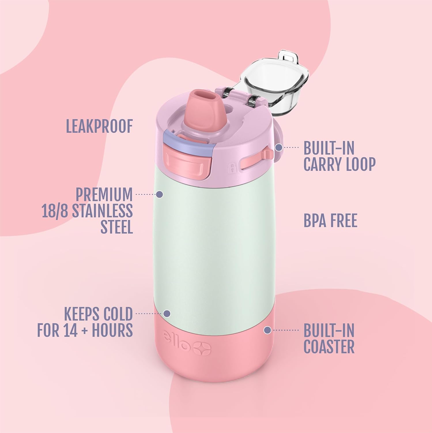 Ello Kids Colby 12oz Stainless Steel Insulated Water Bottle with Straw and Built-In Silicone Coaster Carrying Handle and Leak-Proof Locking Lid for School Backpack, Lunchbox, and Outdoor Sports - Image 2