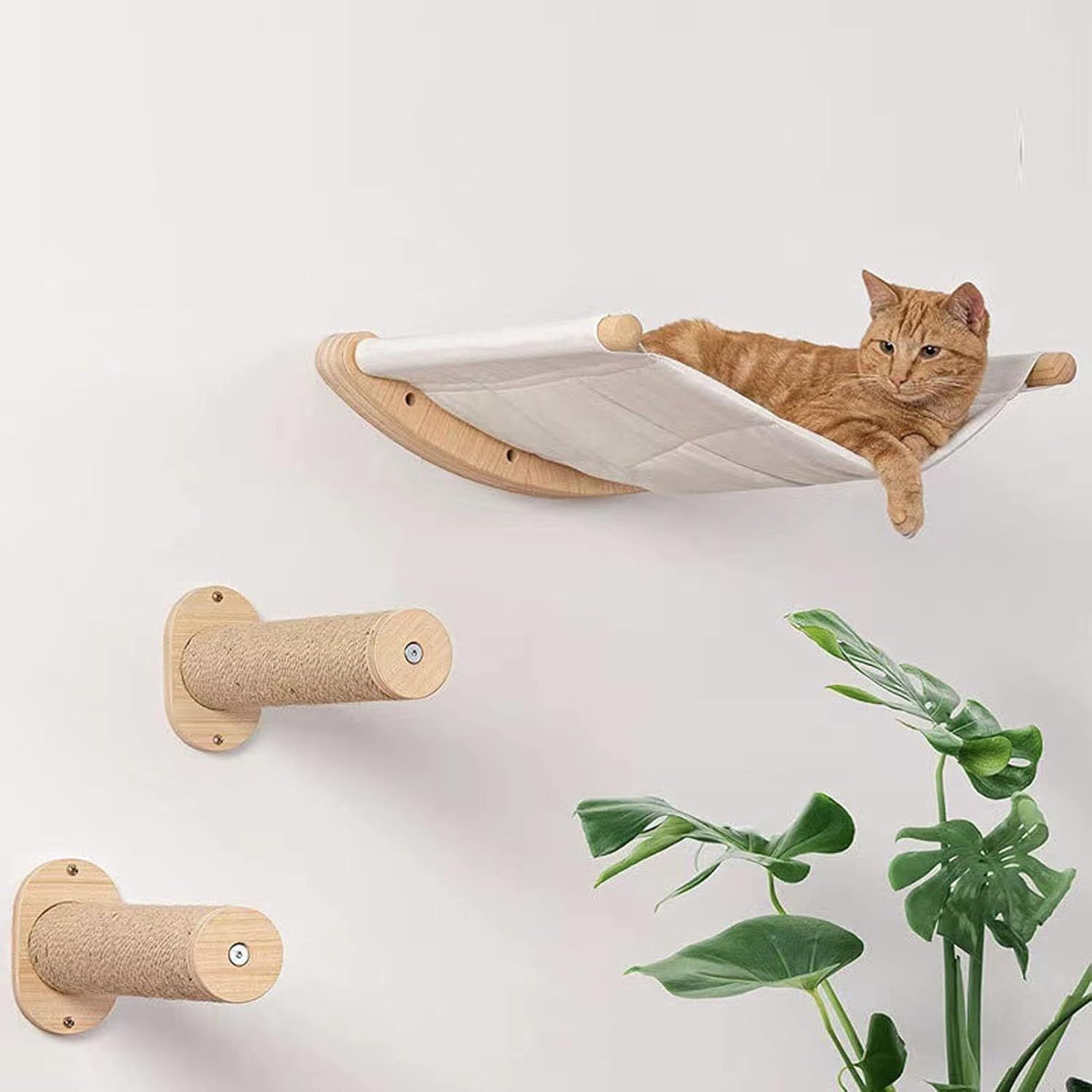 Cat Wall Shelves, Cat Shelves Multi Layer Steps with Hammock Stable Safe Support Wall Mounted Space Saving Birch Wood Climbing Stairs for Felines Kittens