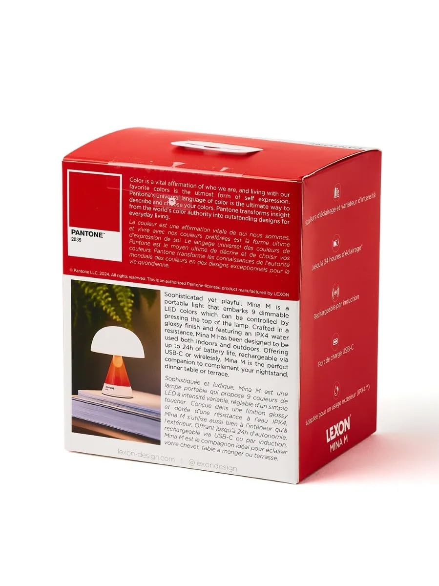 Lexon Pantone Mina M Mushroom Lampada da tavolo - Luce notturna portatile per camera da letto, bambini e cameretta dei bambini, 9 colori LED, lampada da tavolo ricaricabile con 24 ore e dimmer (rosso)