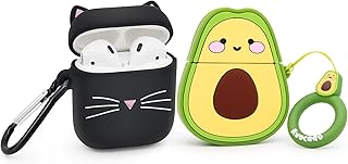 Mouzor 2 PACK Cute Avocado Airpods Case, Black Whisker Cat Airpods 2 Case, Funny 3D Cartoon Soft Silicone Full Protection Charging Cases Cover with Keychain for Airpods 1st Generation, 2nd Generation