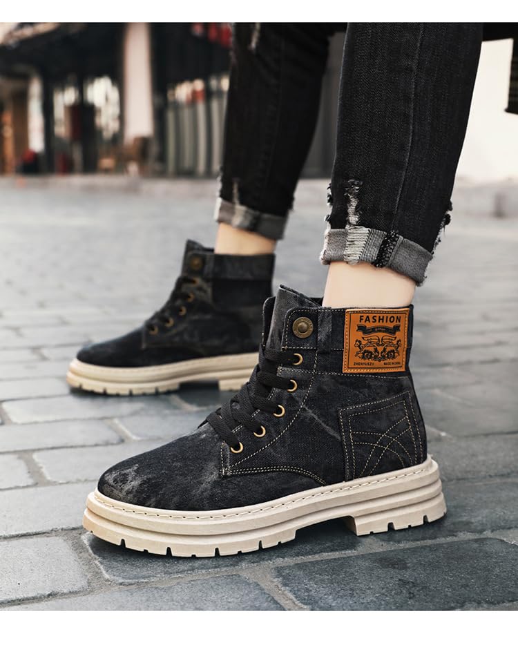 Men's Fashionable Denim Design Lace Up Boot, Casual Comfortable Blue Boots for Men Daily Wear, Male All-match Round Toe High Cut Daily Wear, Footwear, Casual Ankle, Walking Shoes3