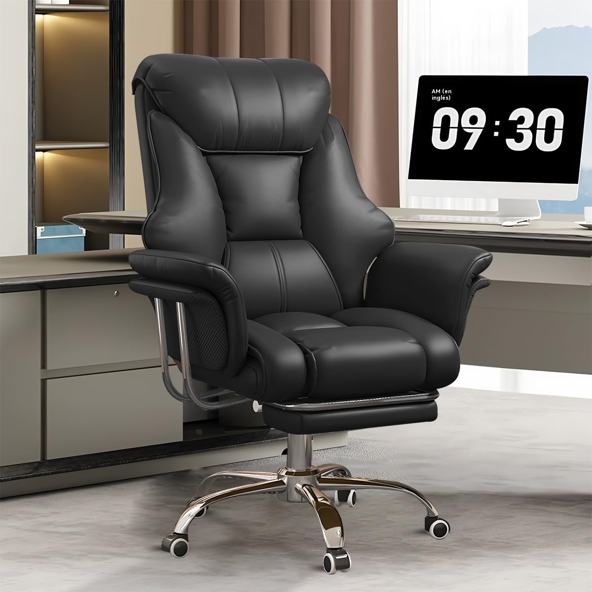 Silla de Oficina Grande Y Alta (250 kg), Silla Ejecutiva Extra Ancha en Cuero Sintético con Reposapiés Retráctil, Ergonómica, Resistente Y de Altura Ajustable para Ordenador.