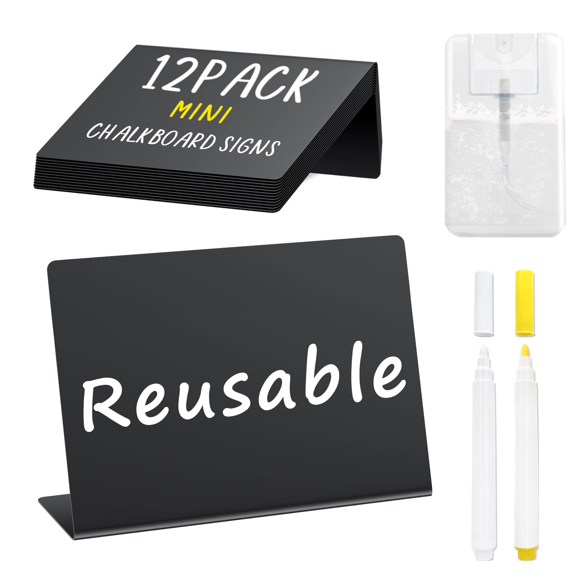 PigPotParty 12 Pcs Food Labels for Party Buffet w Cleaning Spray 4x3 Mini Chalkboard Signs for Food Display