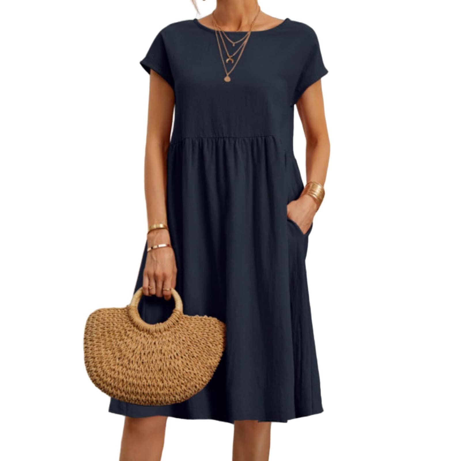 Dresses for Women Summer Short Sleeve Crew Neck Midi Dress Casual Loose Teacher Dress Flowy Beach Vacation Dresses