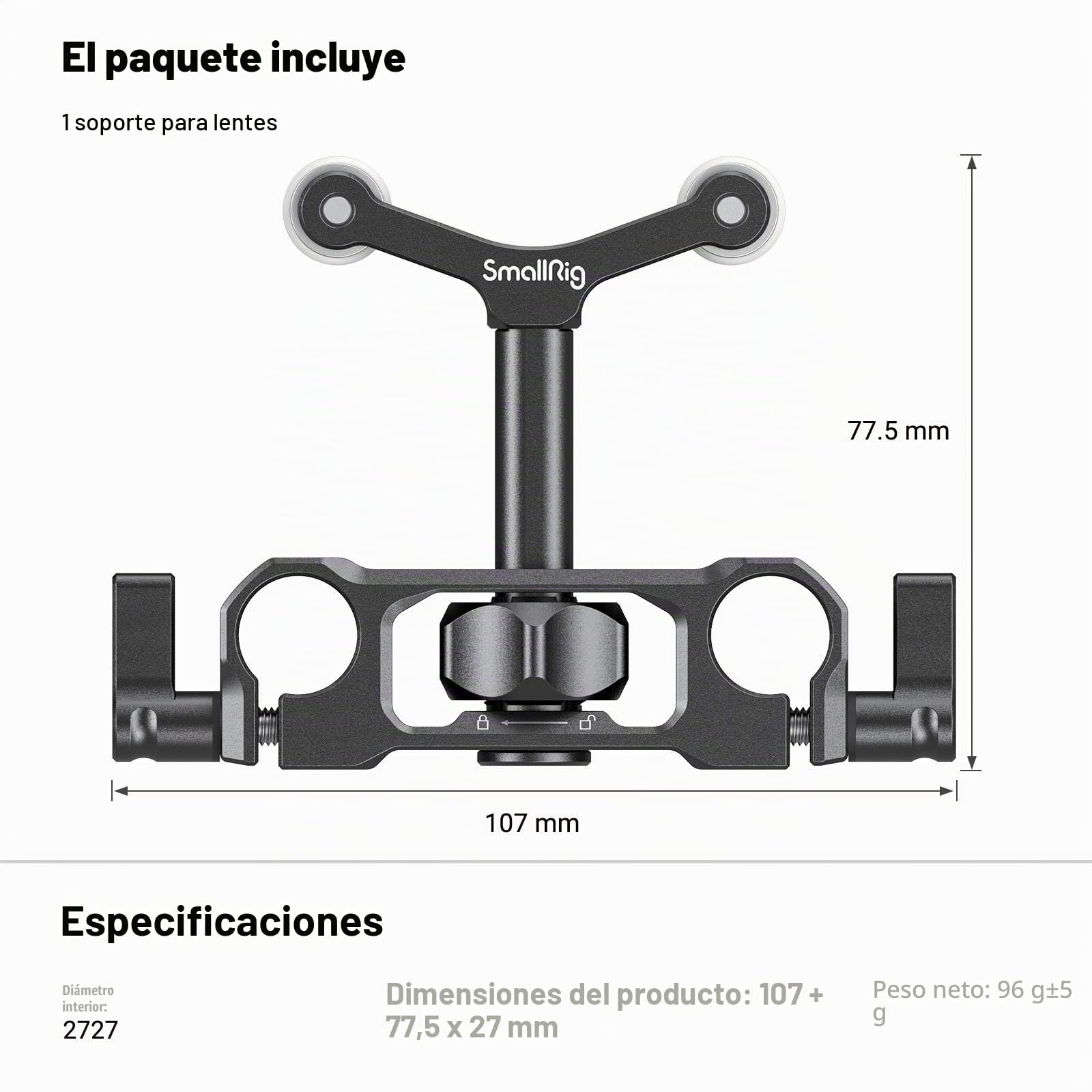 SMALLRIG LWS 15mm len Support Soporte Lente Compatible con Lente de 73mm a 108mm de Diámetro - 2727