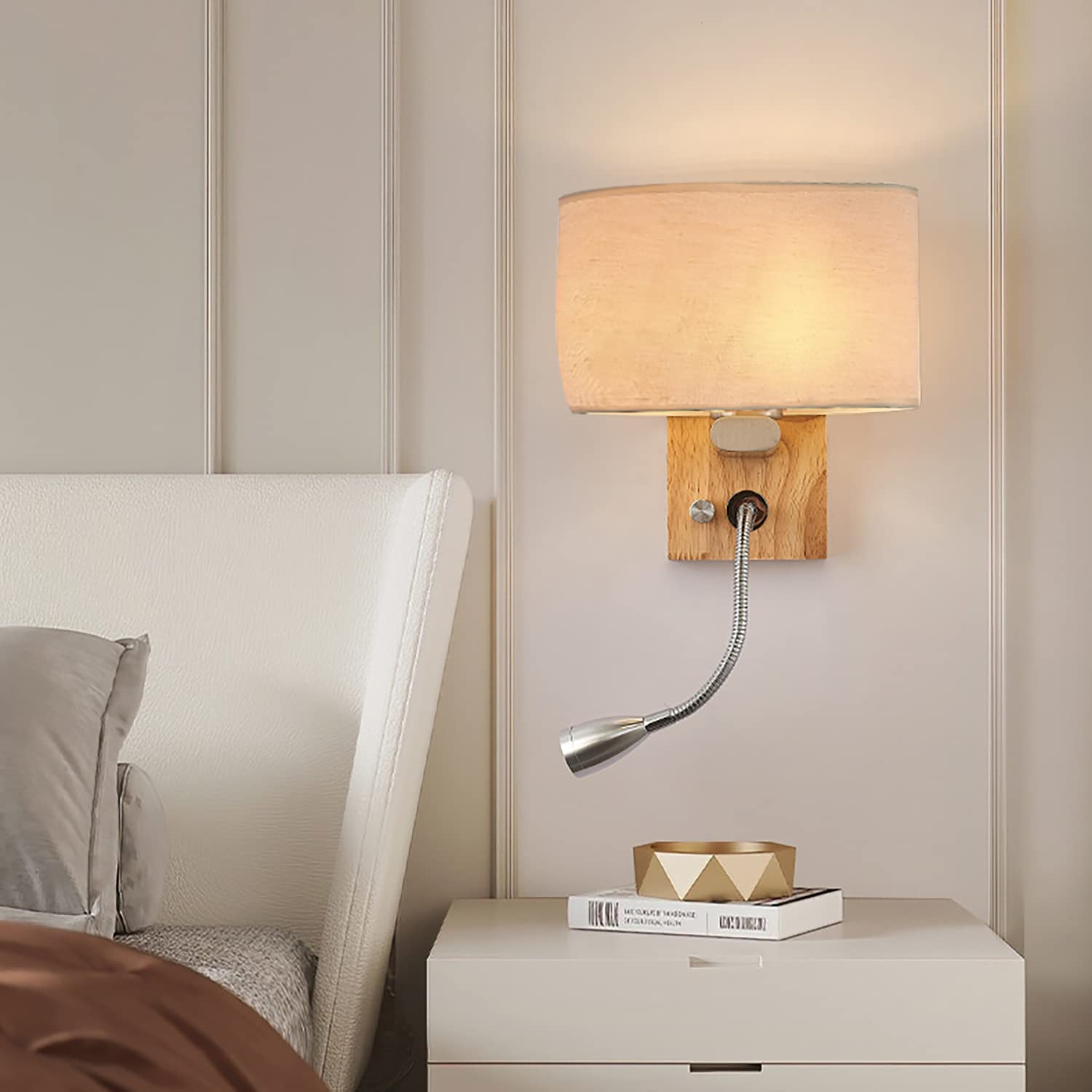 KZT Moderne LED Nachttisch Wandlampe mit Schalter 3 Farben Einstellbar Holz Wandleuchte Innen mit Leselampe E27 Stoffschirm Innenbeleuchtung für Schlafzimmer Wohnzimmer Kinder Hotel Büro Flurlampe