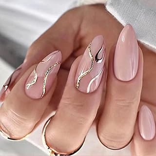 24 PCS Press on Nails Gold Ripple Fake Nails Medium Fake Nails Glitter Gold Powder Fake Nails Wearable Fake Nails Pink Fake Nails Glossy Fake Nails DIY Fake Nails Acrylic Full Coverage Fake Nails Gifts for Women and Girls