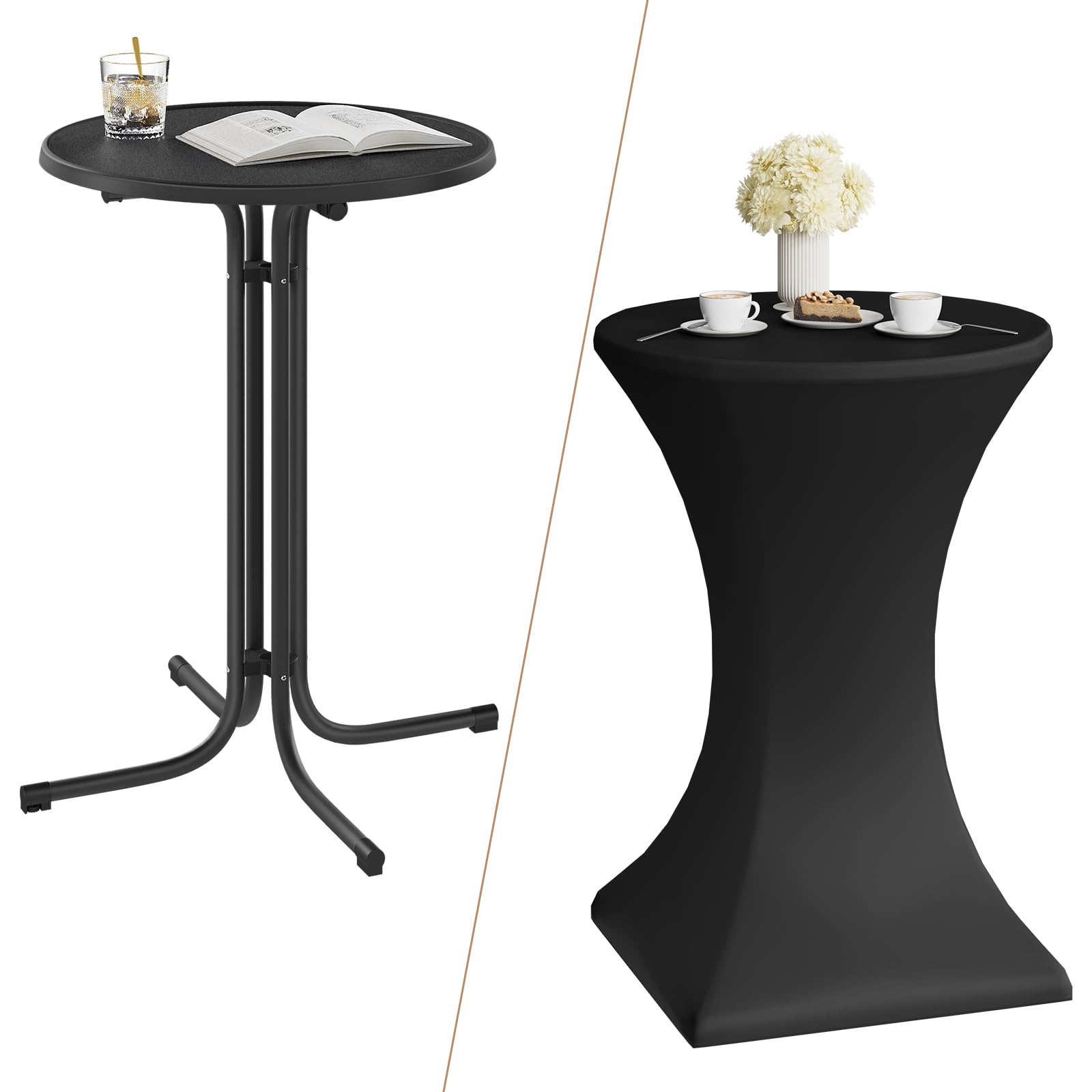 WOLTU Table de Bar Ronde et Haute, Mange Debout Extérieur à Cadre en Métal, avec Housse Élastique et Plateau Pliant en Bois d'Ingénierie, Ф80 x 110cm, Noir Mat