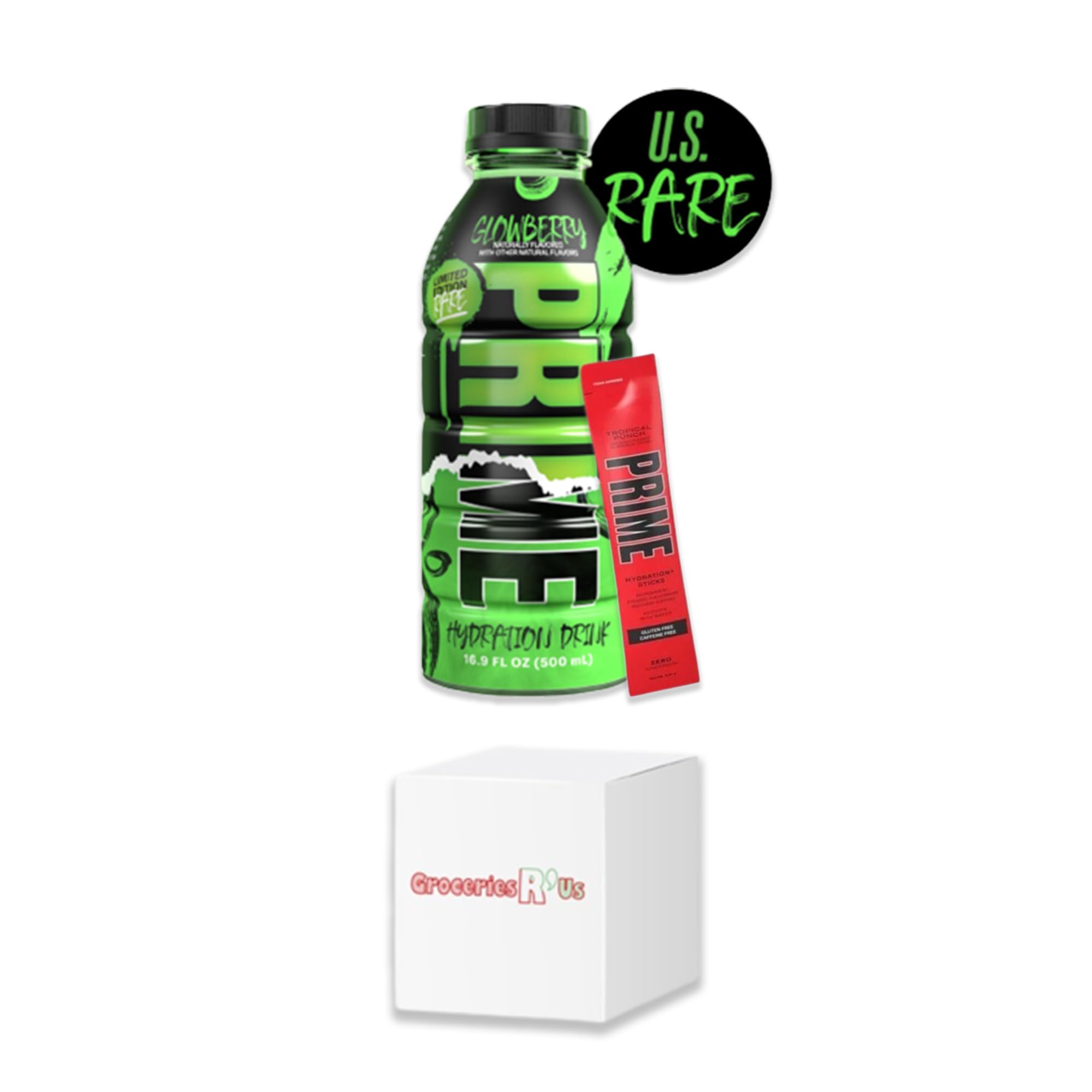 American Drink Kit - Prime Glowberry Drink limited eddition US Rip Split Bottle Design (500ml) & Tropical Punch Hydration Stick (1 Stick) KIT - By Logan Paul & KSI - US Import
