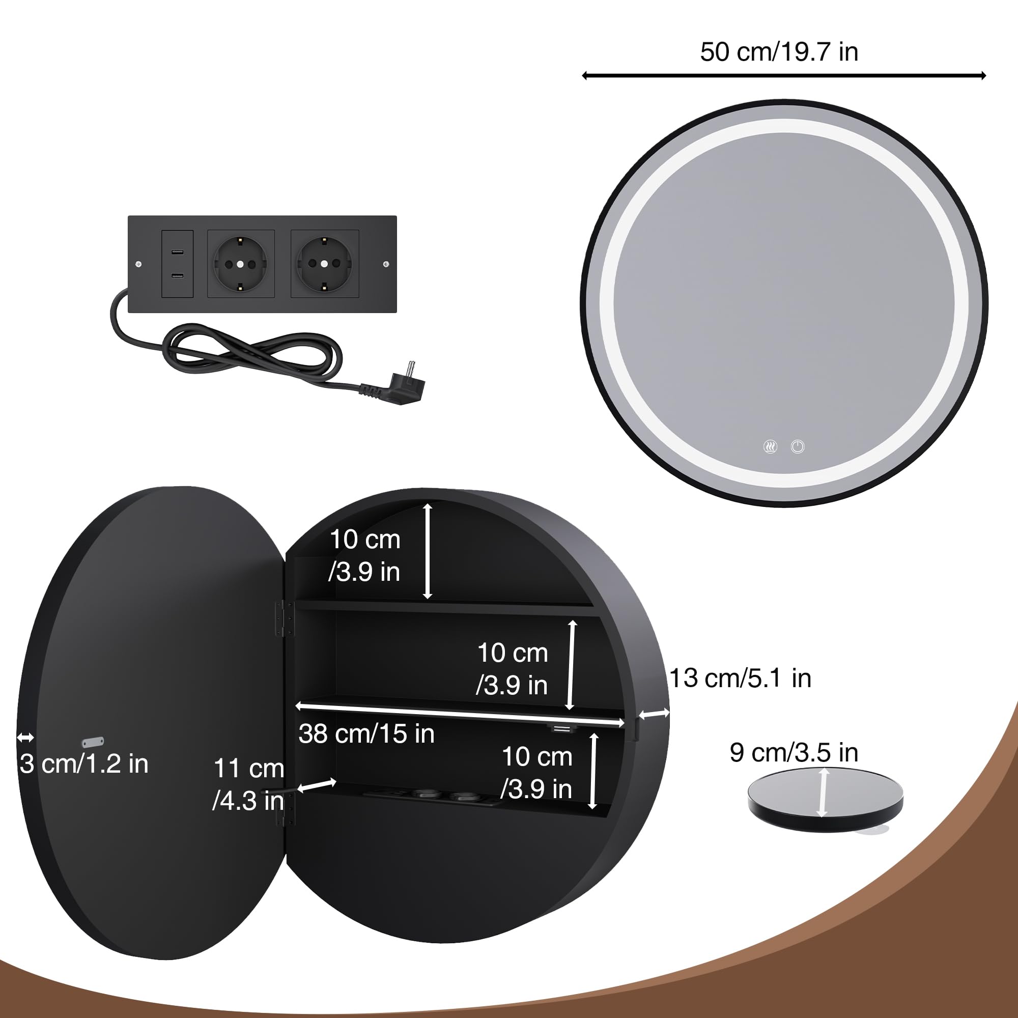 Specchio Contenitore Bagno con illuminazione e Antiappannamento Rotonda 50x50cm Armadietto Bagno a Parete con Presa (2*AC + 3*USB) e Lente d'ingrandimento 10x Nero (Nessun assemblaggio richiesto)