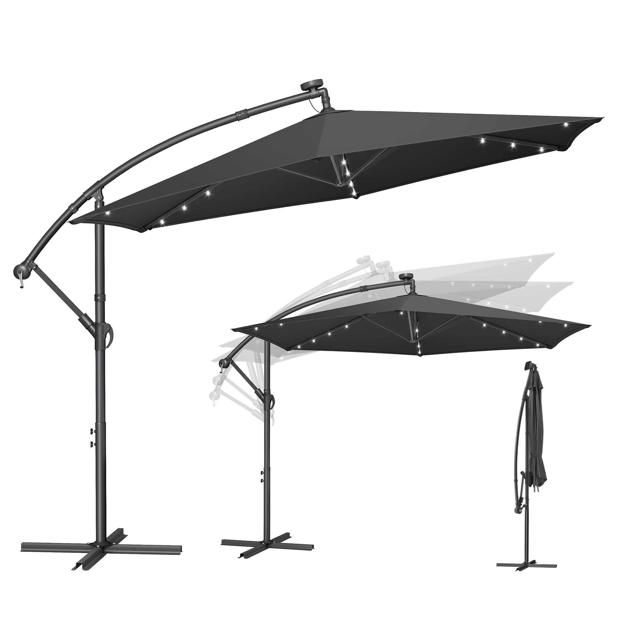 SONGMICS Parasol Déporté avec 32 LED, Socle en Croix, Ombrelle, Protection UPF 50+, Manivelle d'Ouverture et de Fermeture, Jardin, Terrasse, Piscine, Plage