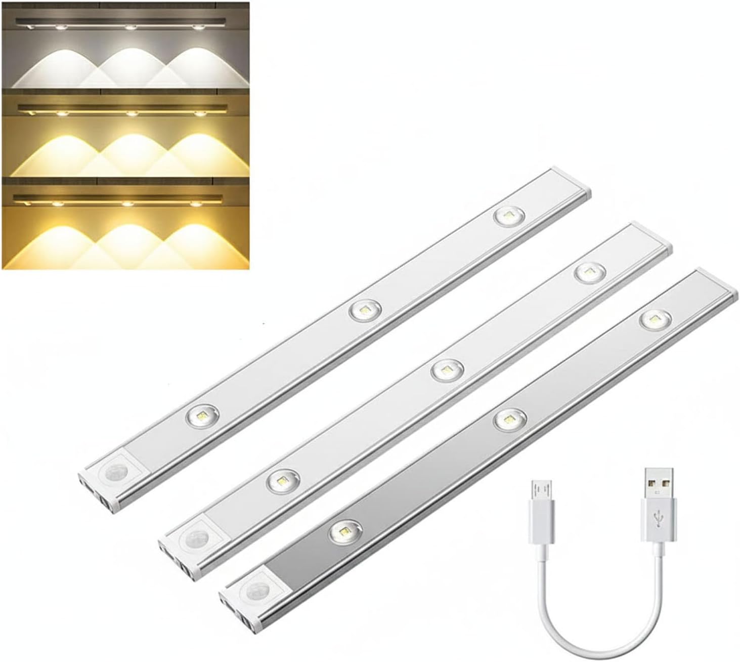 3 Pcs White Rechargeable LED Cabinet Lights – 40 cm Wireless Under Shelf Lights with 3 Brightness Levels, Built-in 1200 mAh Battery, Magnetic Stick-On Lights for Kitchen & Wardrobe, Closet