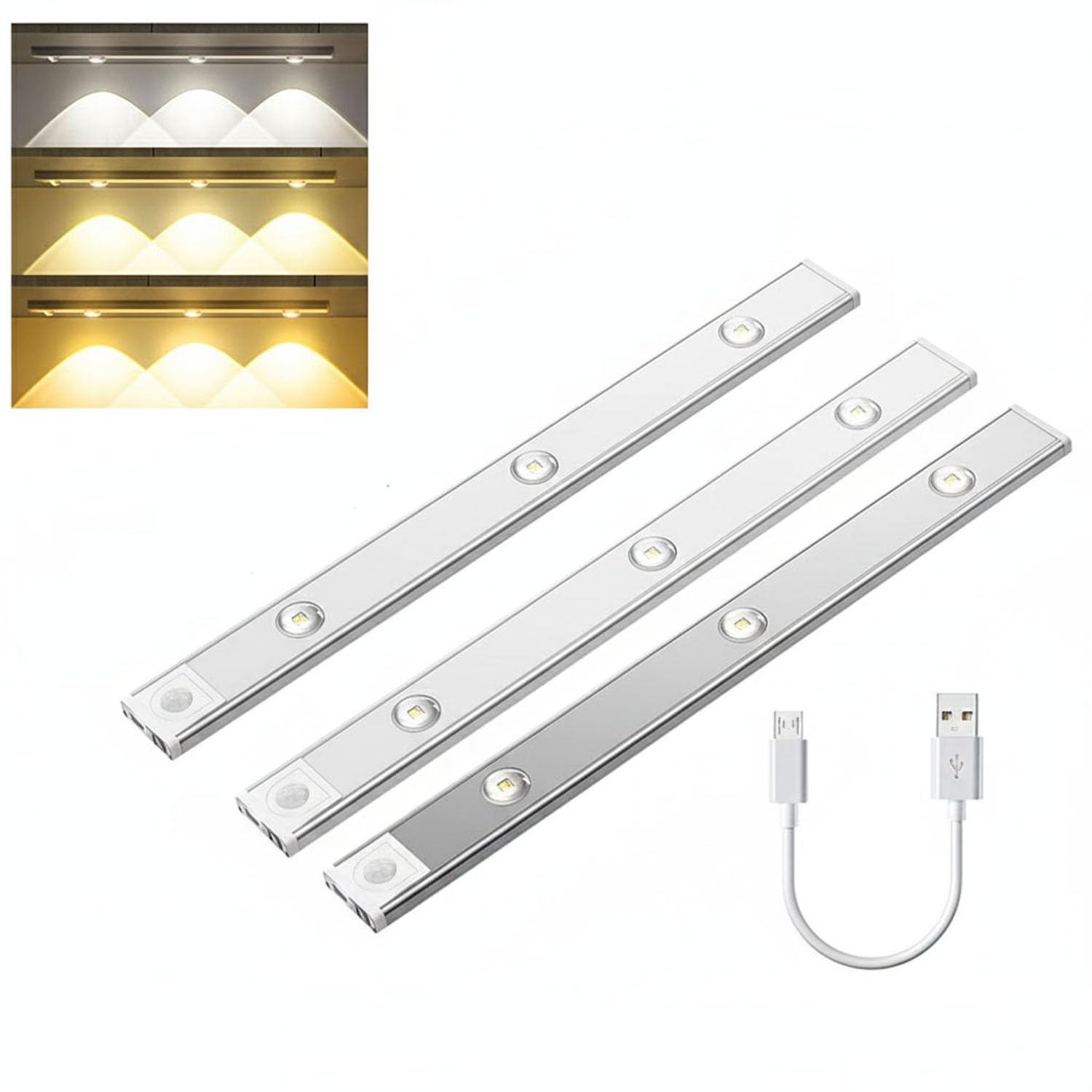 GITGRNTH ( Pack of 3 40cm Motion Sensor Cabinet Light, 1200 mAh Battery| 3 Color Modes (Warm/Neutral/Cool White) | USB Rechargeable Under Cabinet Lighting Perfect for Kitchen, Wardrobe